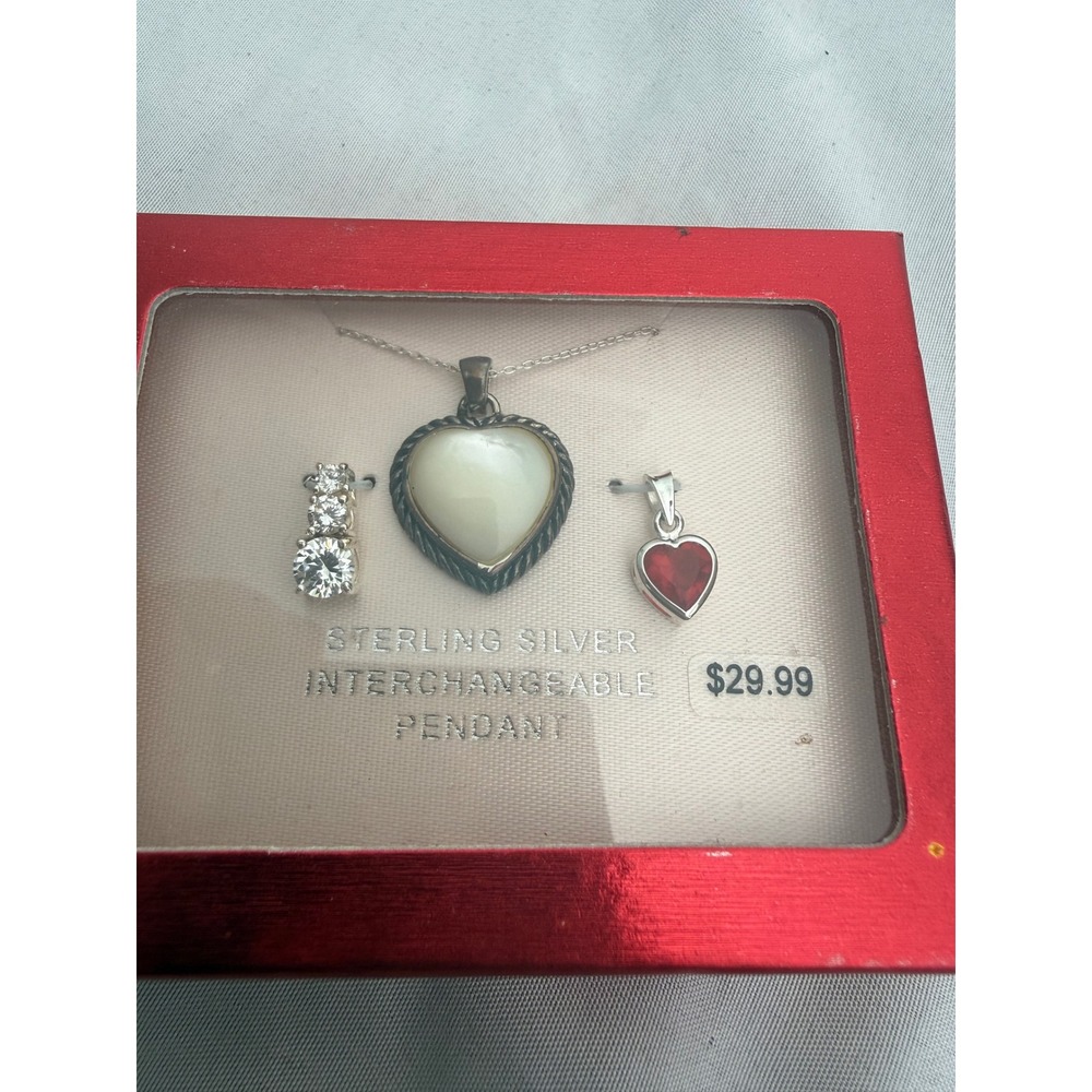 Sterling Silver Interchangeable Pendant Necklace Set Heart MOP CZ 3 Charms